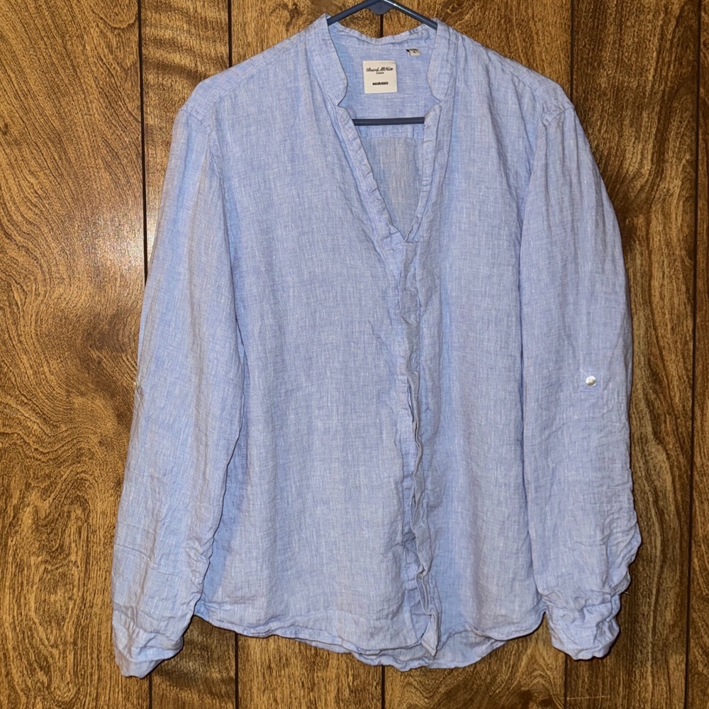 Murano Baird McNutt Linen Shirt Womens Large Blue Band Collar Roll Tab Sleeve